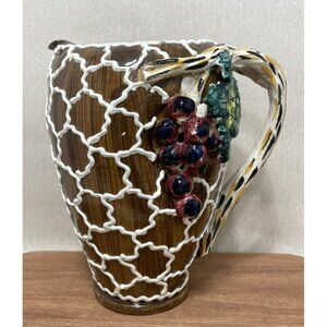 Vintage REPOSE ART ENCRUSTED Ceramic Pitcher Grape Vines Signed 2383 Italy